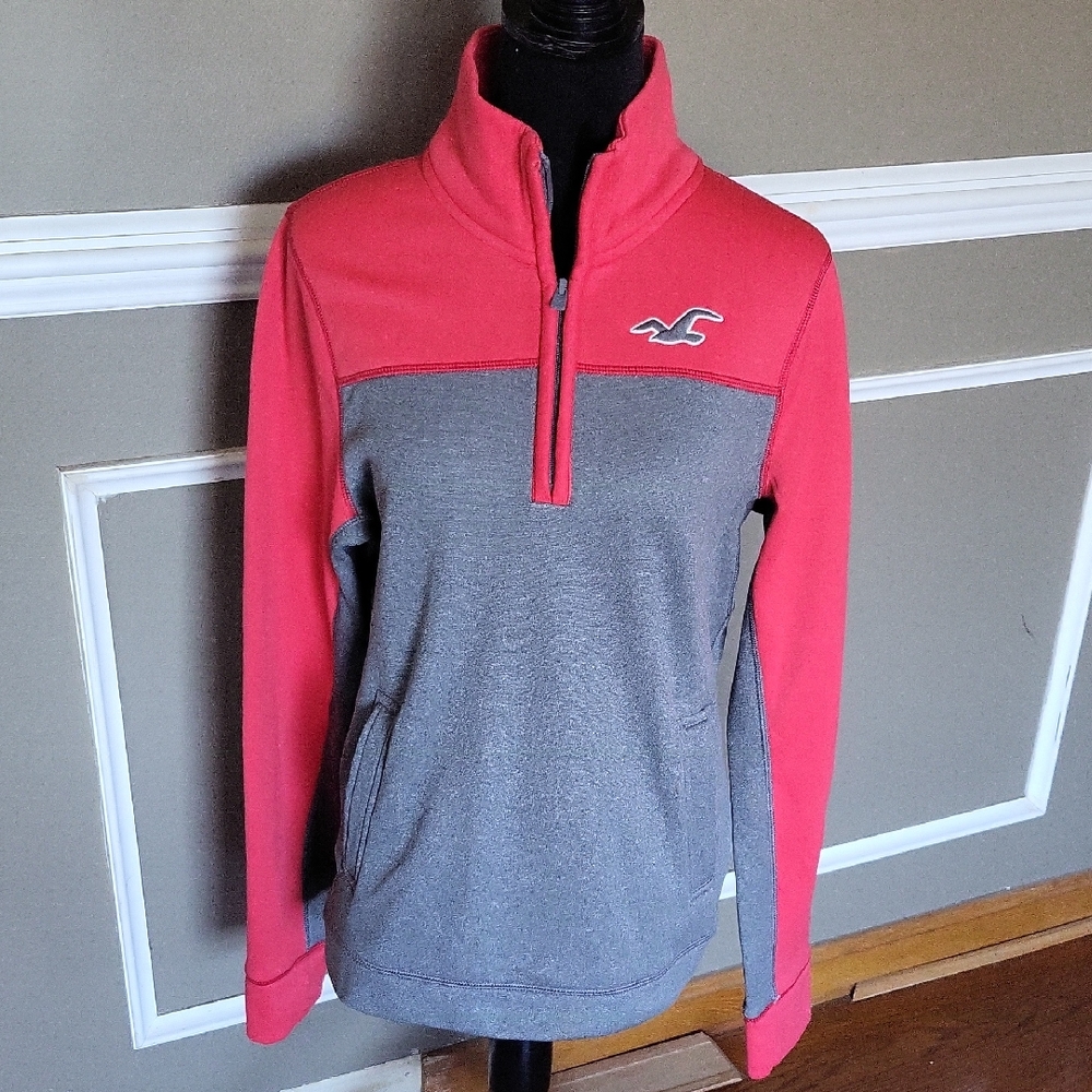 Hollister Women's Pink and Gray Quarter-Zip Sweatshirt Size Medium